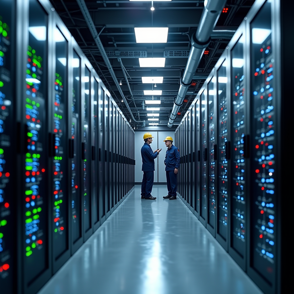 Modern data center server room with cooling systems and temperature monitoring equipment, showing overheated servers and maintenance technicians inspecting HVAC systems during summer heat wave