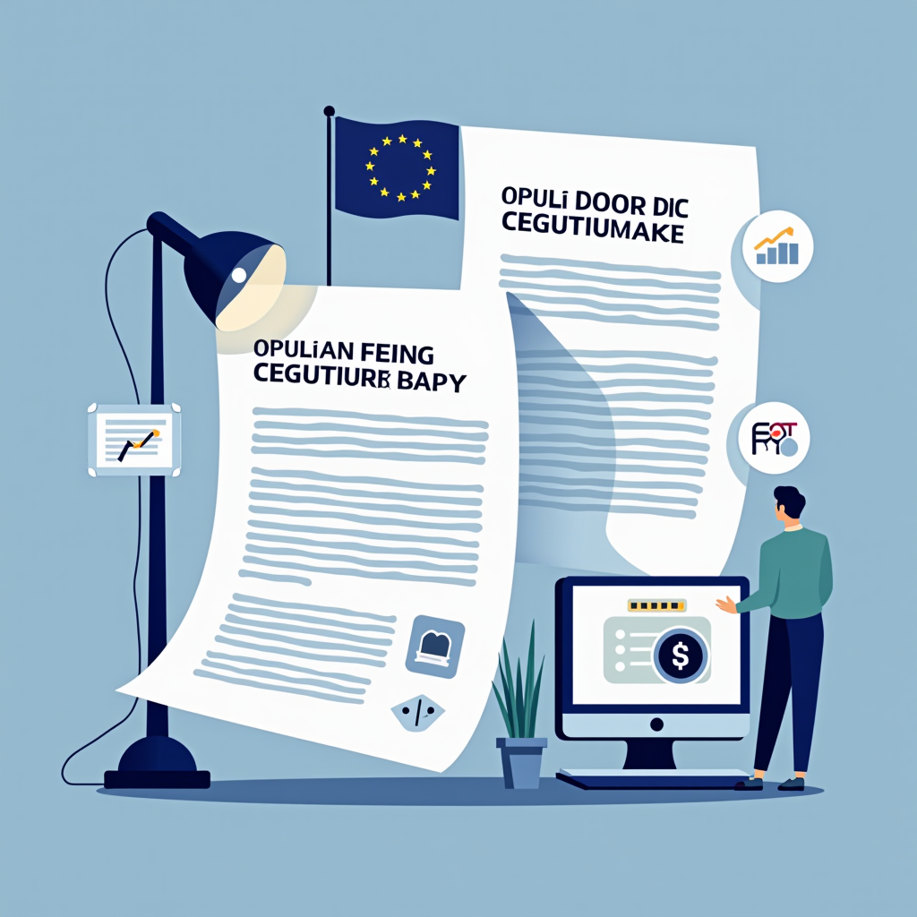 Imagem ilustrativa mostrando documentos oficiais da União Europeia sobre regulamentação financeira, com símbolos de segurança cibernética e ícones de computadores, representando a nova diretiva de auditorias trimestrais obrigatórias para equipamentos informáticos no setor bancário