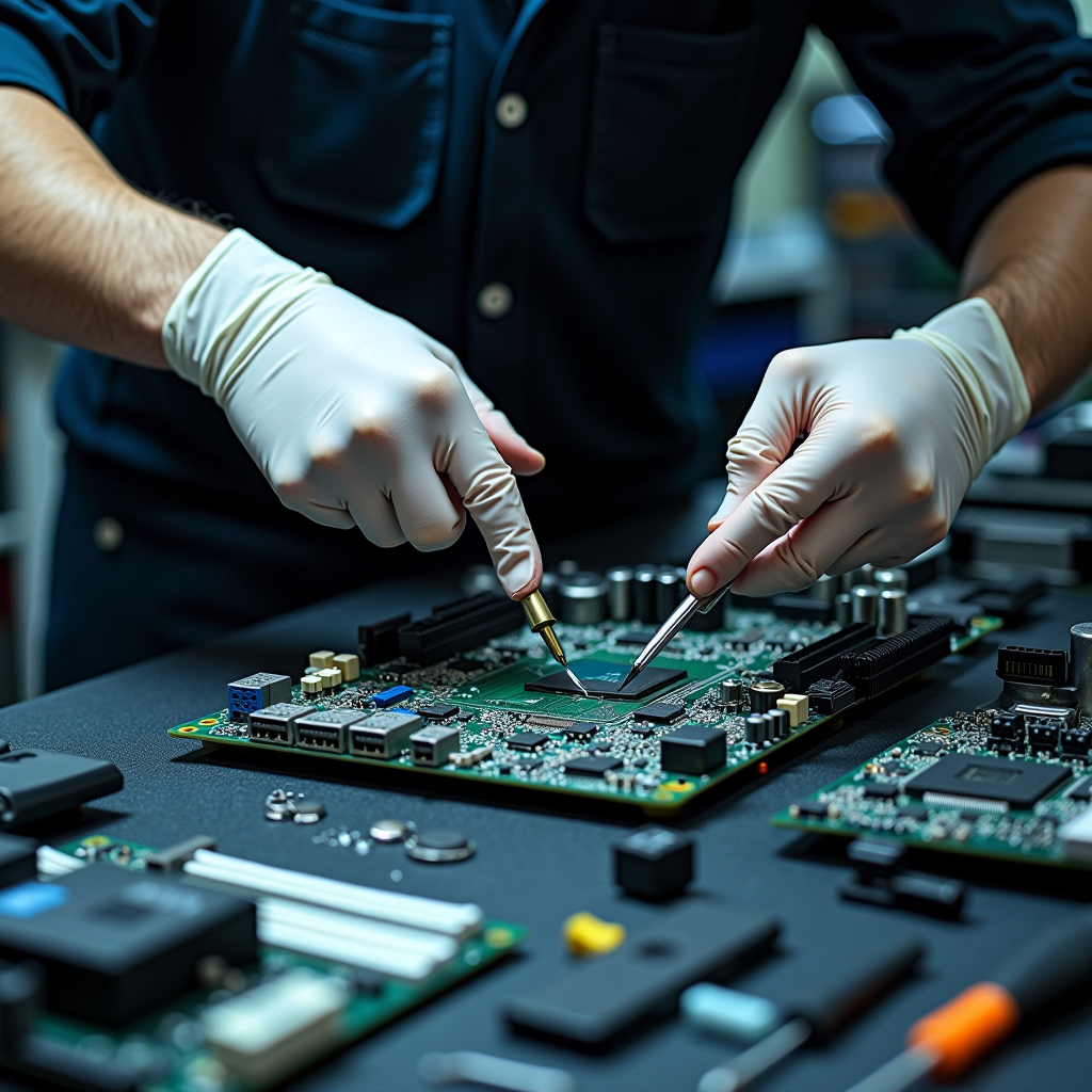 Técnico profissional reparando placa-mãe de computador com ferramentas especializadas em bancada de trabalho limpa e organizada