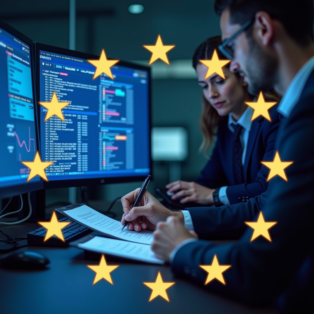 European Union flag with banking and financial technology symbols, computer equipment audit checklist, IT maintenance professionals reviewing compliance documents in modern bank office