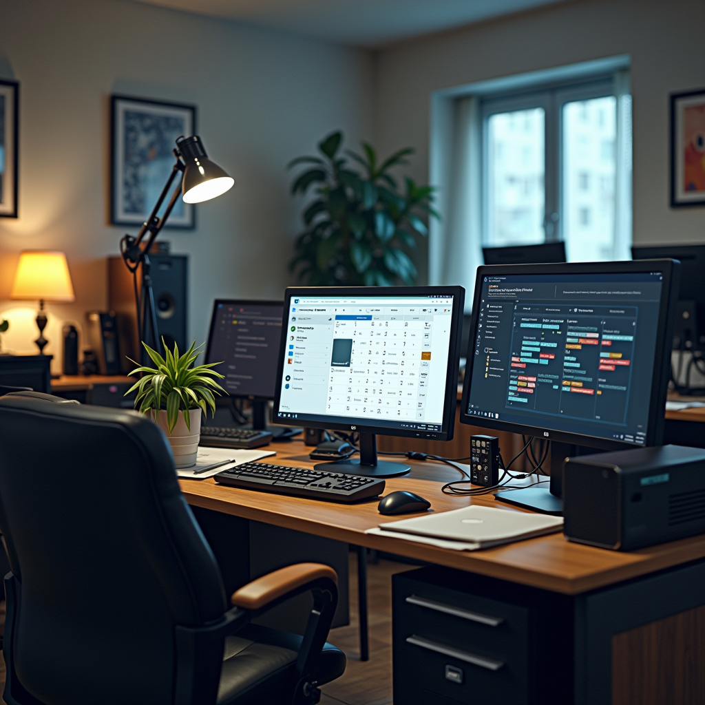 Small and medium enterprise office with neglected computer equipment, broken hardware, maintenance calendar showing missed appointments, cost analysis charts displaying preventable failures