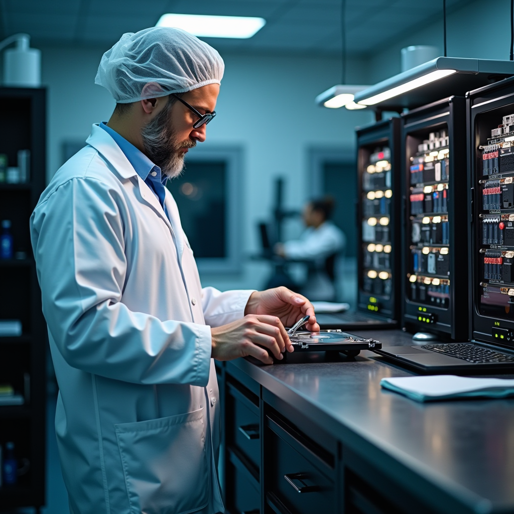 Especialista em recuperação de dados trabalhando com disco rígido danificado em laboratório limpo com equipamento especializado
