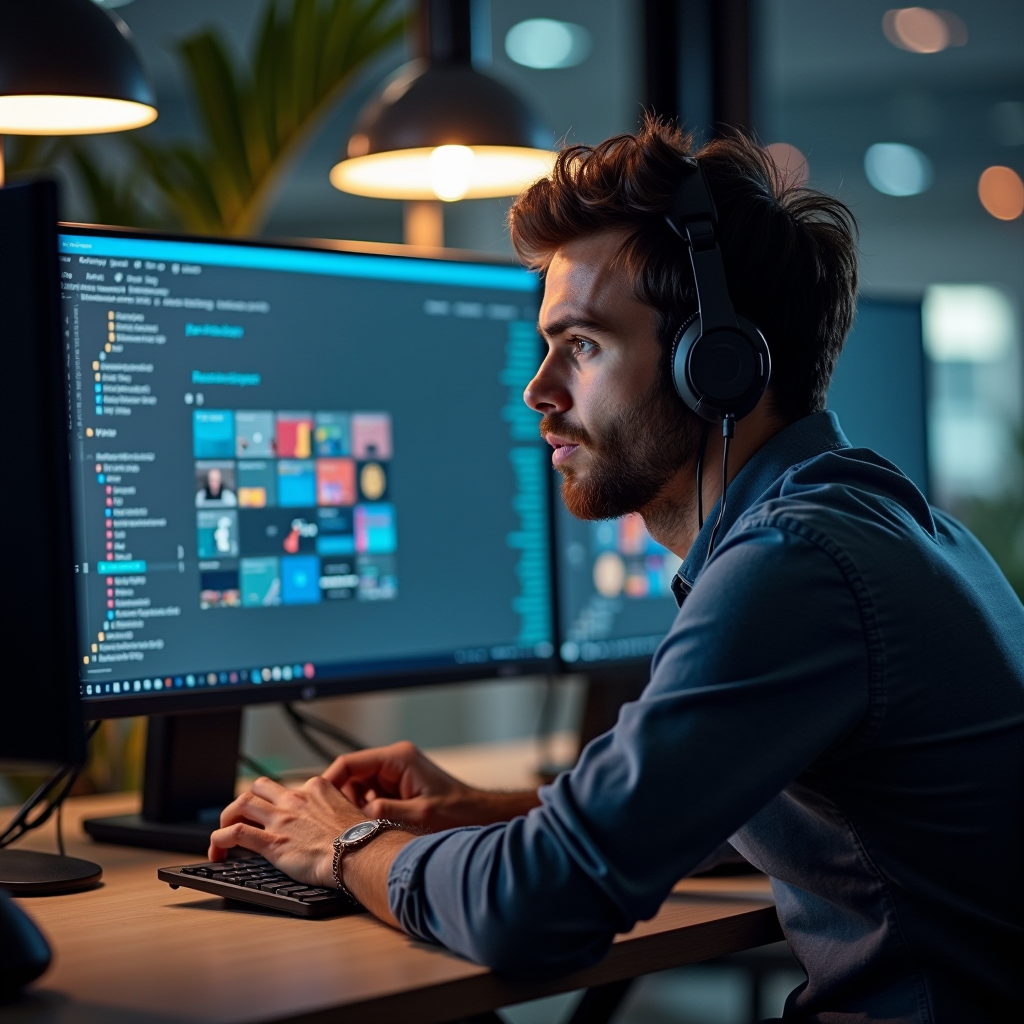 Técnico de suporte informático no local de trabalho do cliente, configurando equipamento e resolvendo problemas técnicos